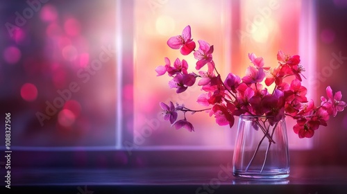 Vibrant pink apple blossom branches in a clear glass vase on a table with a softly blurred, colorful window background creating a serene ambiance