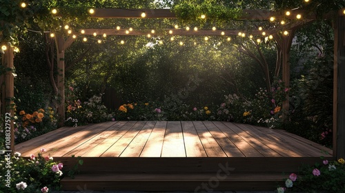 Wooden garden stage beautifully illuminated with fairy lights, surrounded by blooming flowers, creating a magical ambiance for celebrations.