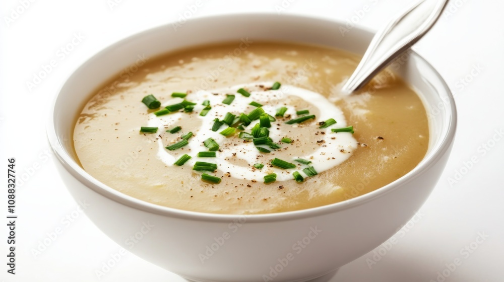 A bowl of hearty potato leek soup garnished with chives and a drizzle of cream, Each spoonful filled with rich and comforting flavors A bowl of hearty potato leek soup garnished with chives and a drizzle of cream, Each spoonful filled with rich and comforting flavors