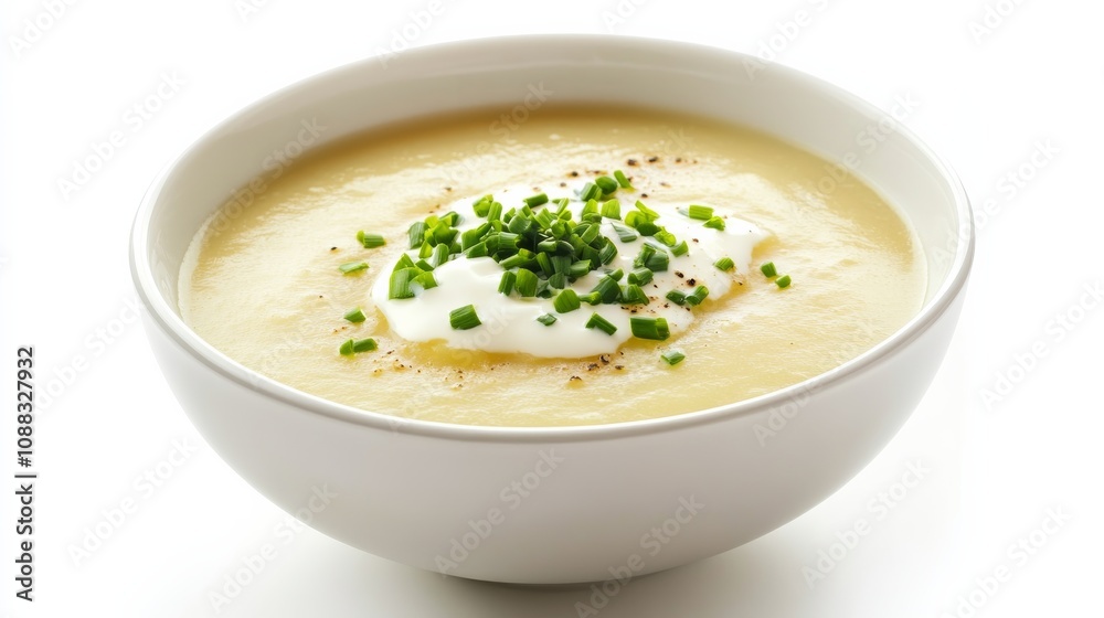 A bowl of hearty potato leek soup garnished with chives and a drizzle of cream, Each spoonful filled with rich and comforting flavors A bowl of hearty potato leek soup garnished with chives and a drizzle of cream, Each spoonful filled with rich and comforting flavors