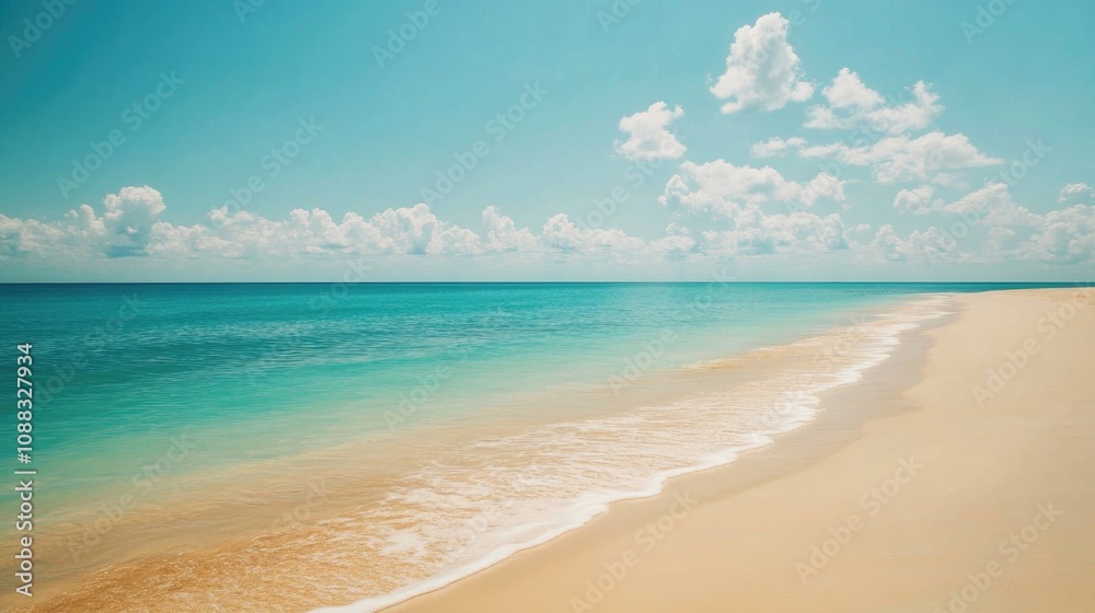 Tranquil beach scene with soft yellow sands and calm teal waters under a bright blue sky, offering a peaceful atmosphere and space for text. Tranquil beach scene with soft yellow sands and calm teal waters under a bright blue sky, offering a peaceful atmosphere and space for text.
