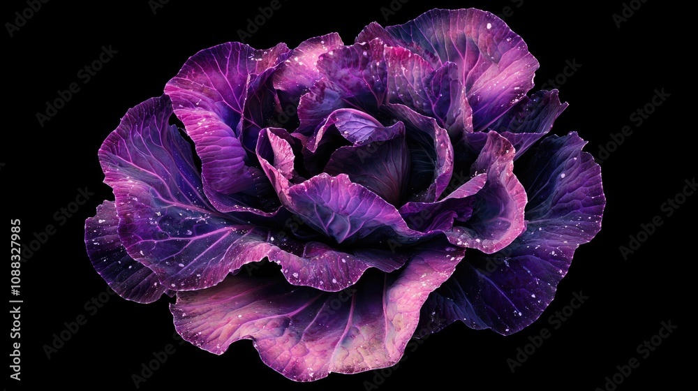 Vibrant purple cabbage with intricate leaf patterns and droplets of moisture, beautifully isolated against a black background