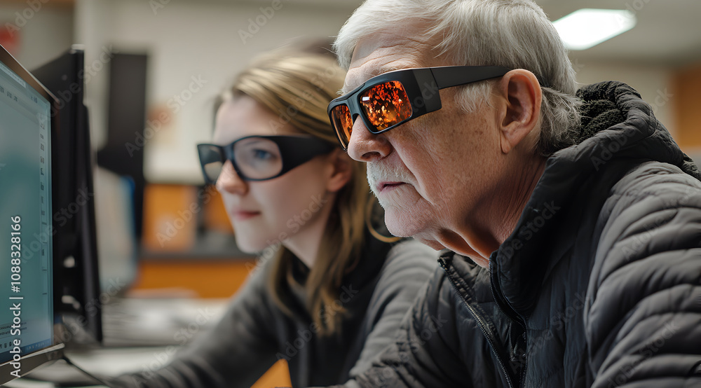A young woman and an older man wearing 3D glasses focus intently on computers in a modern learning environment. A young woman and an older man wearing 3D glasses focus intently on computers in a modern learning environment.