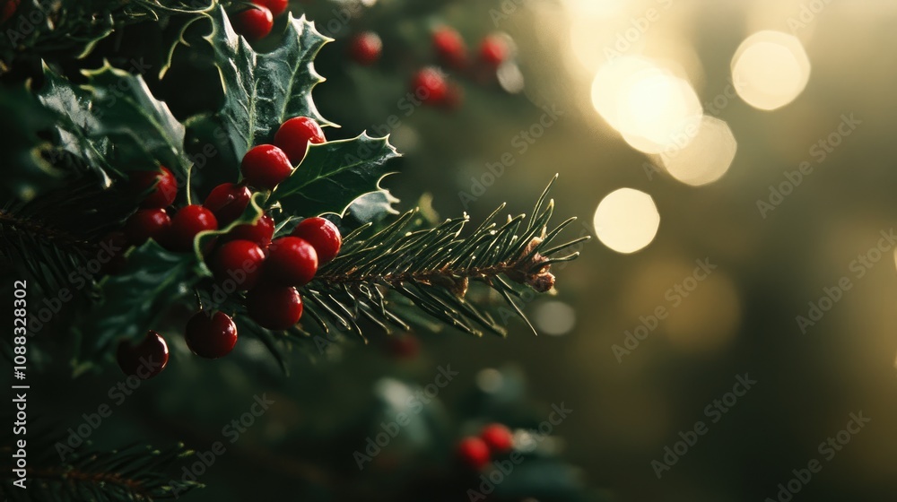 Christmas tree branch featuring vibrant holly leaves and bright red berries, set against a softly blurred festive background. Christmas tree branch featuring vibrant holly leaves and bright red berries, set against a softly blurred festive background.