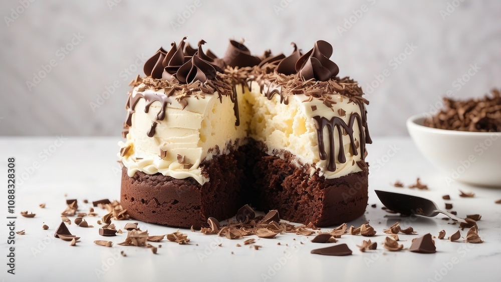 On a white background, a partially consumed chocolate cake with cream frosting and chocolate shavings makes for a On a white background, a partially consumed chocolate cake with cream frosting and chocolate shavings makes for a