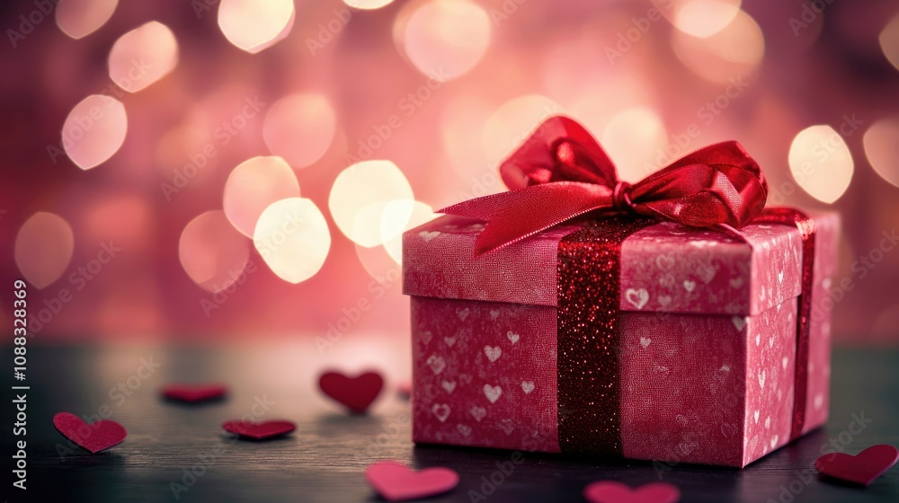 Obraz premium Elegant pink gift box wrapped in a red ribbon, surrounded by small red heart decorations on a soft, romantic bokeh background, perfect for love-themed gifts.