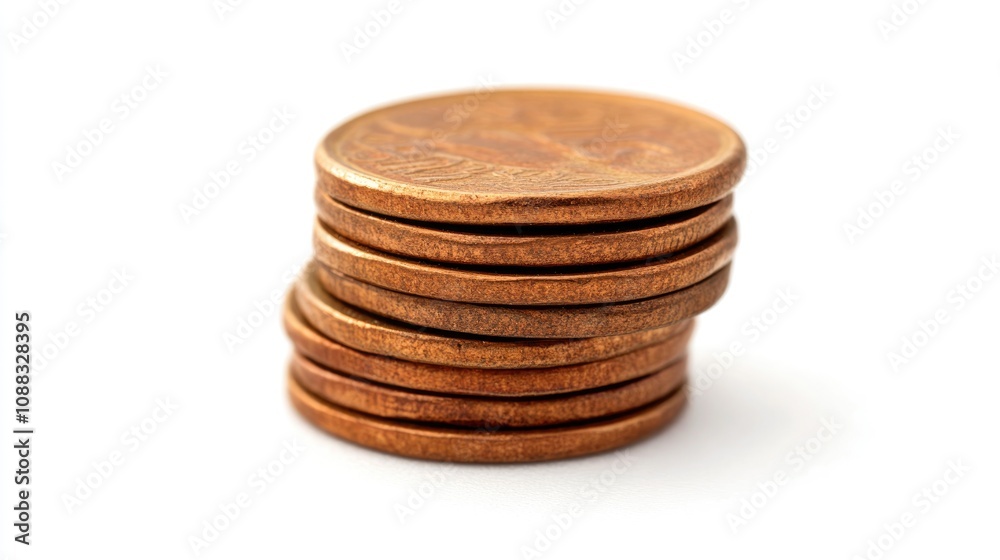 Close-up view of a neatly arranged small stack of copper coins on a white background, highlighting their distinctive texture and color. Close-up view of a neatly arranged small stack of copper coins on a white background, highlighting their distinctive texture and color.