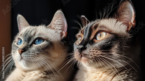 Silver gray tabby cat alongside a seal point Siamese cat, both with striking features and expressive eyes, illuminated by soft natural light. photo