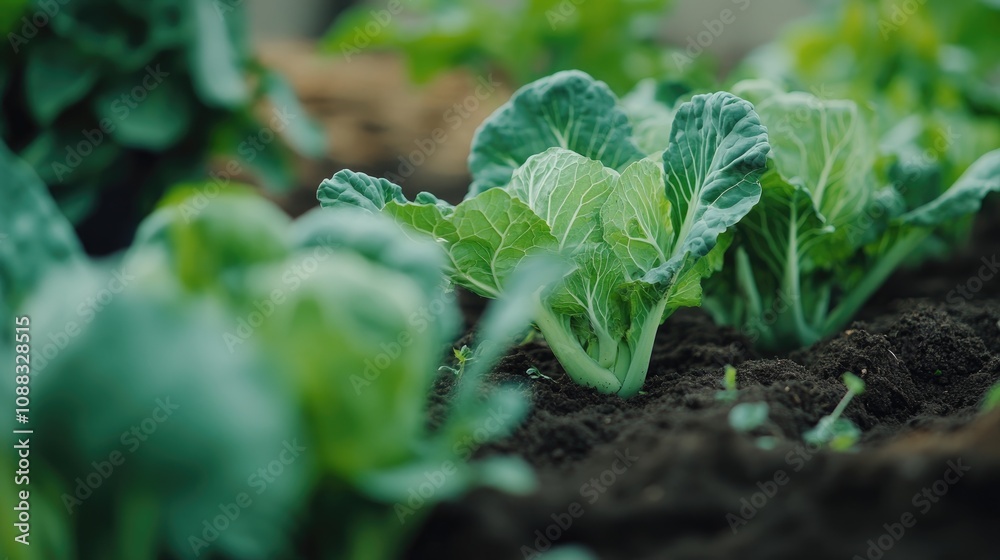 Fototapeta premium Close-up view of vibrant green cabbage seedlings thriving in nutrient-rich soil, emphasizing organic farming principles and sustainable agriculture practices.
