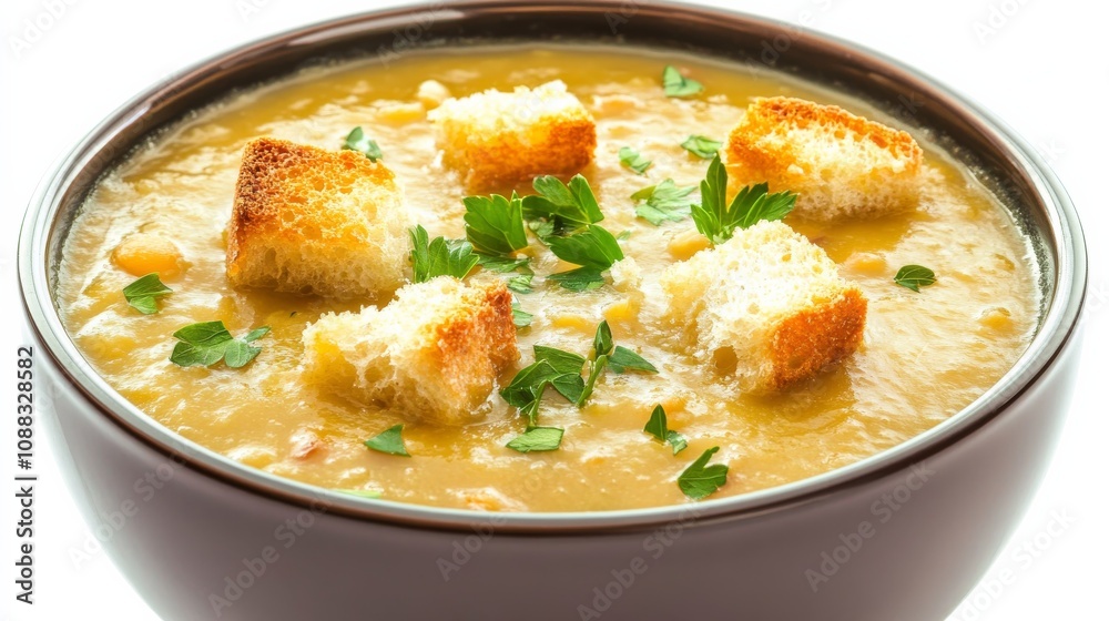 A bowl of hearty split pea soup garnished with croutons and fresh parsley, Each spoonful filled with rich and comforting flavors, Classic warming meal highlighted against an isolated white background A bowl of hearty split pea soup garnished with croutons and fresh parsley, Each spoonful filled with rich and comforting flavors, Classic warming meal highlighted against an isolated white background