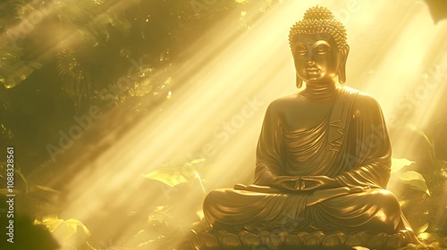 Glowing Golden Buddha Statue Radiating Spiritual Enlightenment in Tranquil Forest Setting