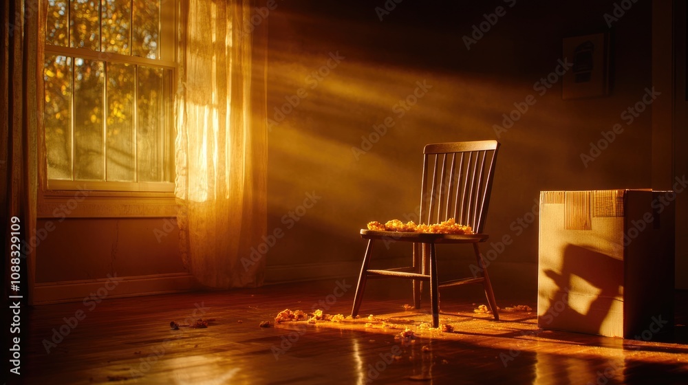 A rustic wooden chair sits empty, scattered with snack remnants, beside a simple cardboard box, illuminated by warm sunlight streaming through a window in a cozy room. A rustic wooden chair sits empty, scattered with snack remnants, beside a simple cardboard box, illuminated by warm sunlight streaming through a window in a cozy room.