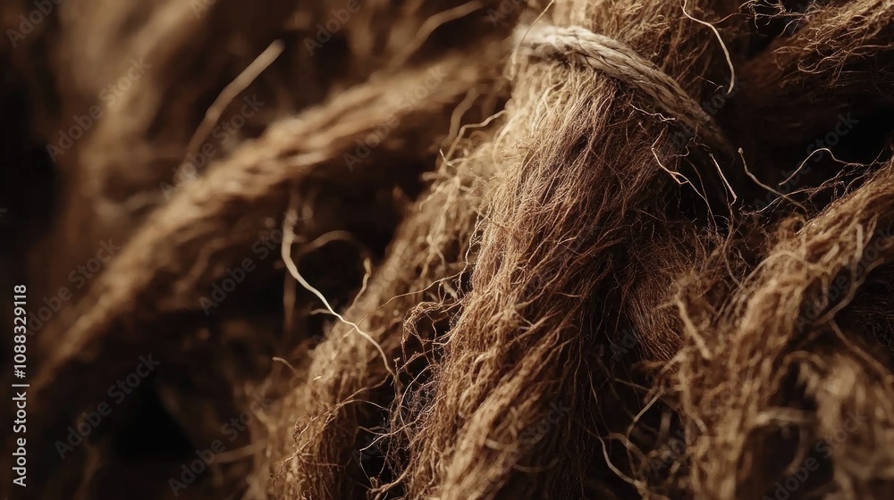 Close-up of coir twine highlighting its natural texture and intricate fibers, showcasing the earthy brown tones and rustic detail in the material. Close-up of coir twine highlighting its natural texture and intricate fibers, showcasing the earthy brown tones and rustic detail in the material.