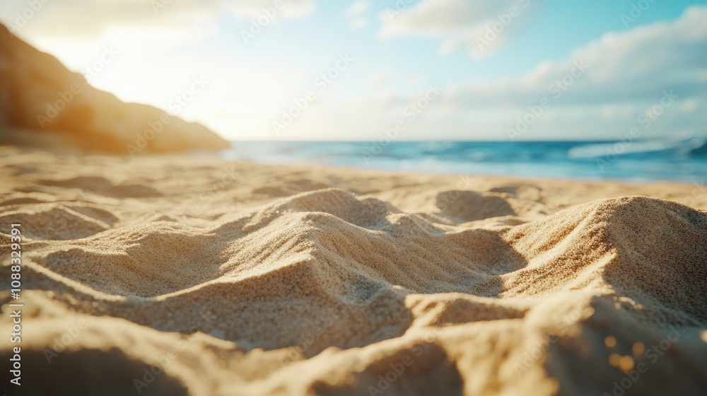 Close-up view of textured sandy beach with a dreamy sea and sky background, providing ample copy space for summer-themed designs and messages. Close-up view of textured sandy beach with a dreamy sea and sky background, providing ample copy space for summer-themed designs and messages.
