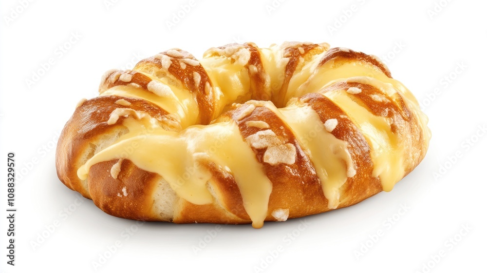 Fototapeta premium Soft pretzel glazed with melted cheese sauce, featuring a golden-brown, twisted shape and soft texture, isolated on a clean white background.