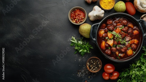 Aerial view of a traditional Feijoada dish with vibrant ingredients like meatballs, vegetables, and spices arranged on a dark surface, offering space for additional text or graphics.