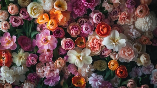 Vibrant floral backdrop adorned with an array of tulip blooms and assorted flowers in soft pastels and bold hues, creating a lush springtime aesthetic.