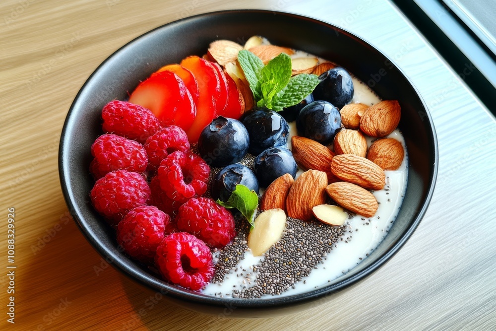 Overhead view of a breakfast bowl with yogurt, chia seeds, almonds, and mixed fruits Overhead view of a breakfast bowl with yogurt, chia seeds, almonds, and mixed fruits