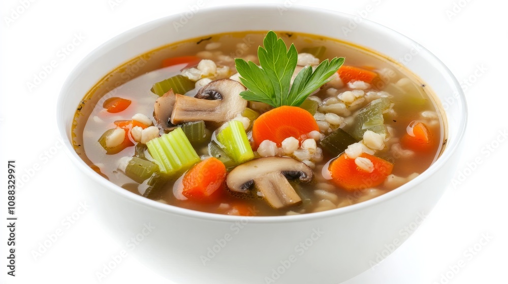 A bowl of hearty vegetable barley soup with carrots, celery, mushrooms