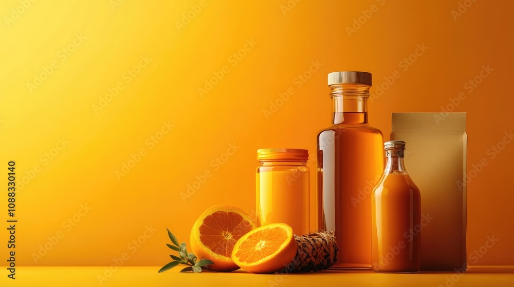 Collection of vitamin E rich natural products including oil bottles and fresh oranges against a vibrant yellow backdrop. Collection of vitamin E rich natural products including oil bottles and fresh oranges against a vibrant yellow backdrop.