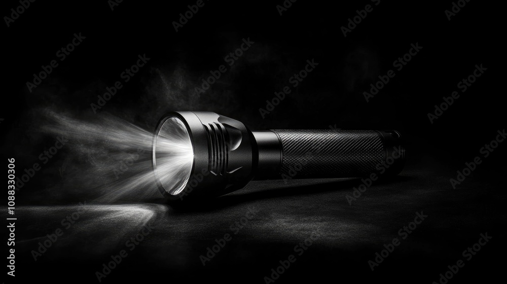 Powerful black flashlight with bright white beam, surrounded by a dark smoky background, showcasing its intense illumination and sleek design.