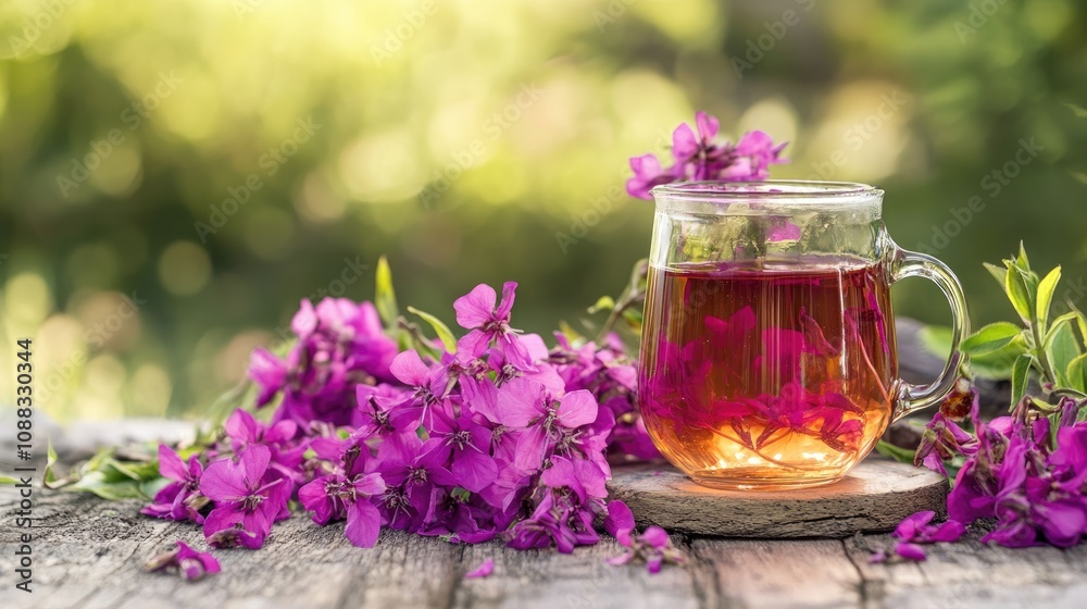 Fireweed Flowers with Brewed Fermented Tea in Glass Mug Surrounded by Fresh Petals on Wooden Surface, Showcasing Vibrant Colors and Natural Beauty Fireweed Flowers with Brewed Fermented Tea in Glass Mug Surrounded by Fresh Petals on Wooden Surface, Showcasing Vibrant Colors and Natural Beauty