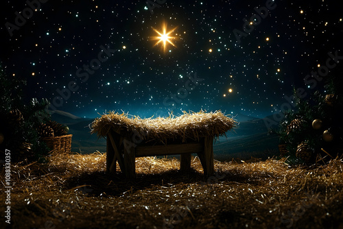 An empty manger and a bright star with backdrop of Christmas