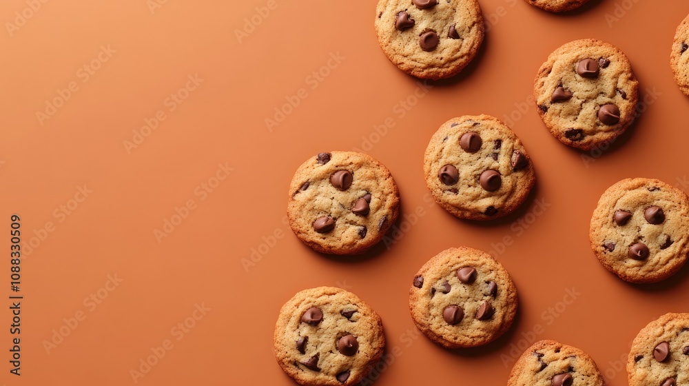 Chocolate chip cookies arranged on a flat surface with a warm, minimalistic background and ample copy space in an aerial view perspective. Chocolate chip cookies arranged on a flat surface with a warm, minimalistic background and ample copy space in an aerial view perspective.