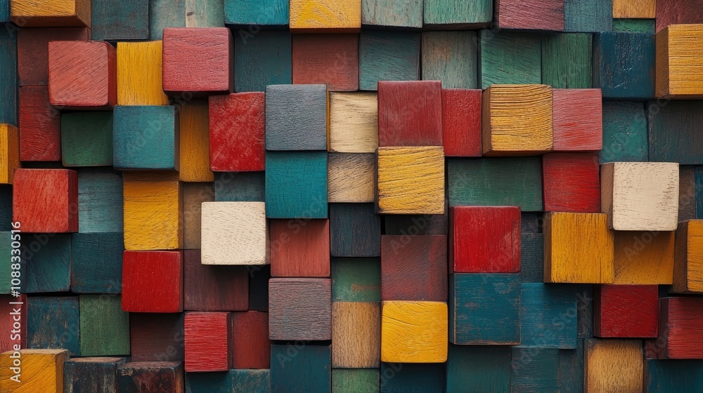 Vibrant arrangement of textured wooden blocks creating a visually striking backdrop symbolizing creativity, diversity, and growth in design.