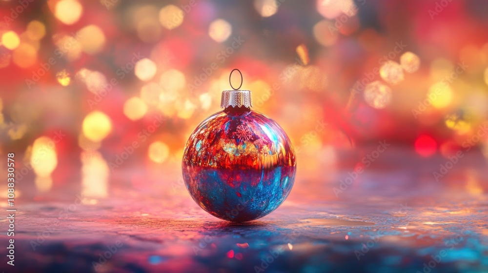 Obraz premium Vibrant Christmas bauble ornament surrounded by a cheerful, colorful festive backdrop, embodying the joyful spirit of the holiday season.