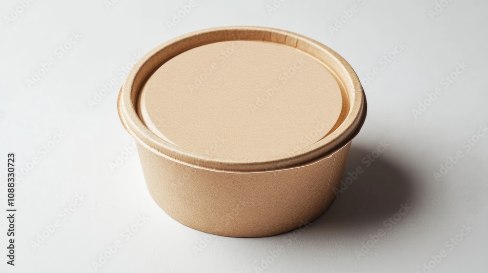 Round kraft packaging mockup with a blank adhesive label, ideal for food containers or lunchboxes, showcasing a minimalist design. Round kraft packaging mockup with a blank adhesive label, ideal for food containers or lunchboxes, showcasing a minimalist design.