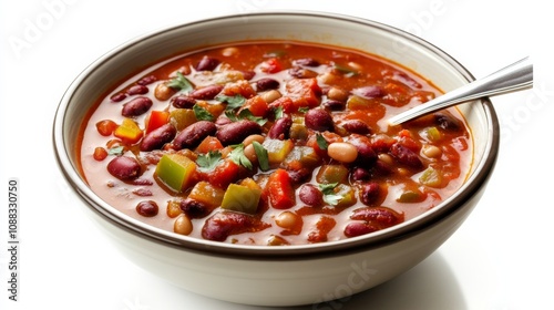 A bowl of hearty vegetable chili with beans, bell peppers, tomatoes