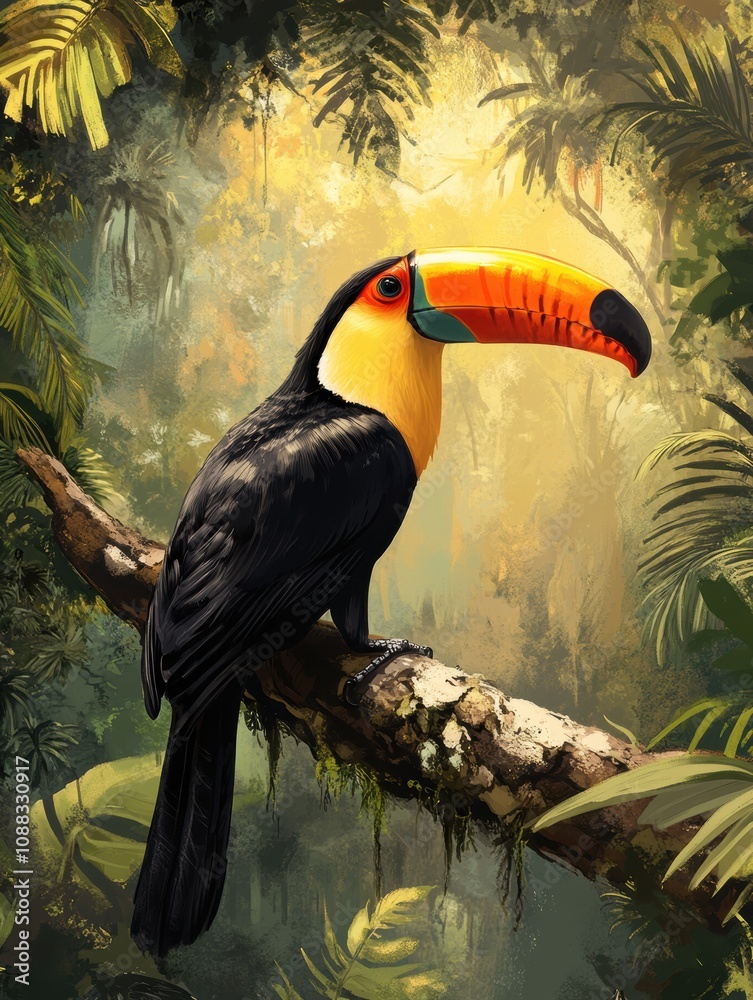 Fototapeta premium A toucan with a large orange beak sits on a branch in a lush rainforest.