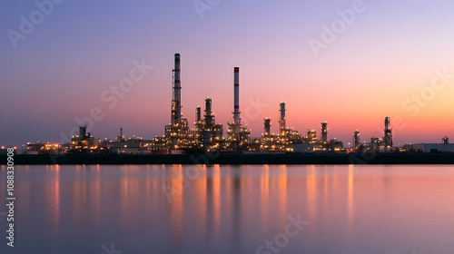 Industrial Complex Silhouetted Against a Vibrant Sunset Sky, Reflecting in Calm Water