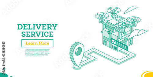 Drone delivery service technology. Isometric outline concept. Quadcopter with parcel. Map pointer. Drone delivers goods. Express delivery.