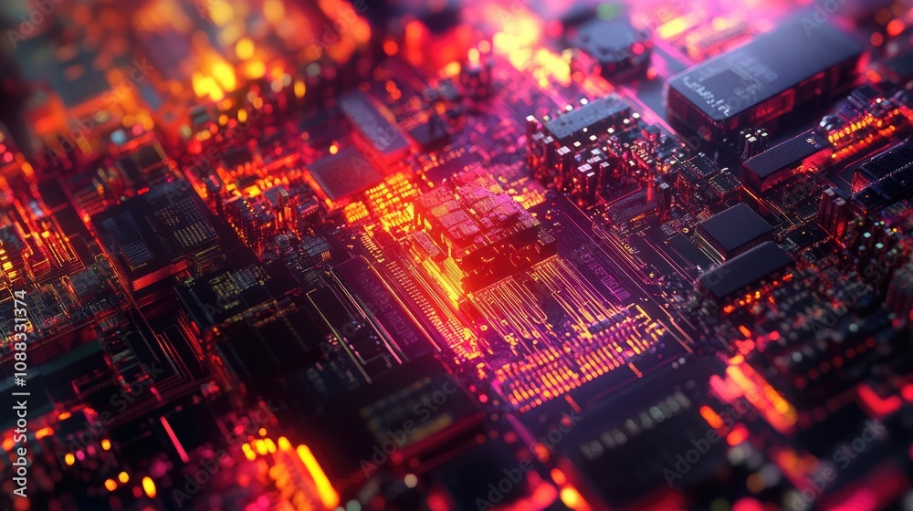 Advanced semiconductor chips and circuit boards with vibrant glowing lights, showcasing intricate designs and features for innovative technology concepts. Advanced semiconductor chips and circuit boards with vibrant glowing lights, showcasing intricate designs and features for innovative technology concepts.