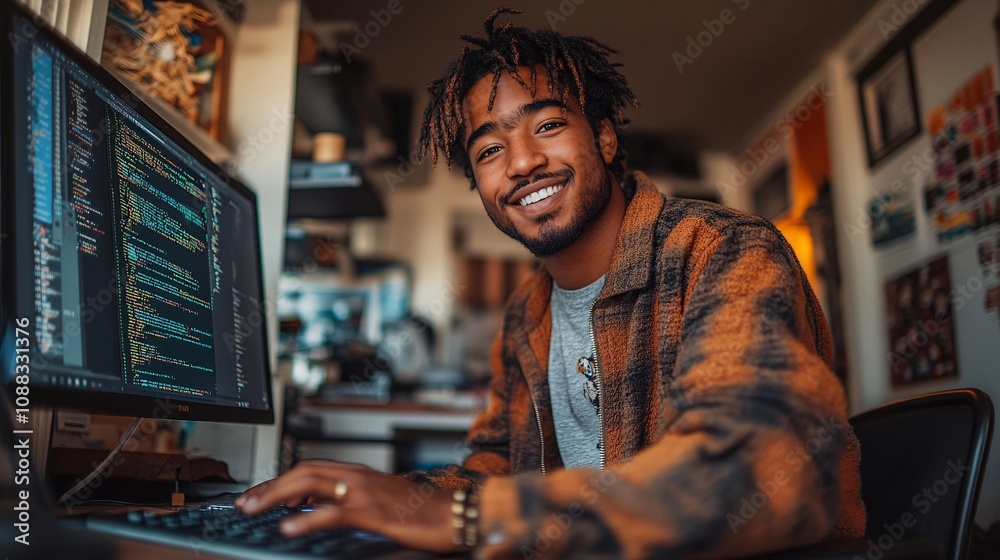a smiling ethnically ambiguous male website coder (30 years old), wearing business casual clothing, working at a desktop computer, with coding on the screen, in a home office a smiling ethnically ambiguous male website coder (30 years old), wearing business casual clothing, working at a desktop computer, with coding on the screen, in a home office