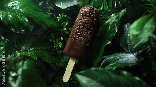 Chocolate covered ice cream bar resting on vibrant green leaves, evoking a refreshing summer treat amidst nature's beauty.