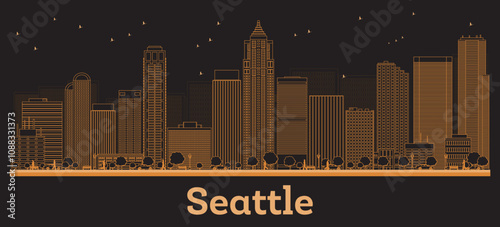 Outline Seattle Washington City Skyline with orange Buildings. Business Travel and Concept with Modern Architecture. Seattle Cityscape with Landmarks.
