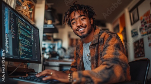 a smiling ethnically ambiguous male website coder (30 years old), wearing business casual clothing, working at a desktop computer, with coding on the screen, in a home office 