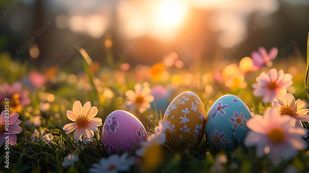 A ring of fresh wildflowers cradling colorful Easter eggs, petals softly surrounding the eggs, sunlight casting a gentle glow, soft-focus effect, photorealistic textures,