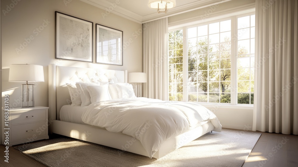 Cozy bedroom with a plush white cushioned bed, elegant lamps, large windows showcasing greenery, and soft beige curtains creating a serene atmosphere. Cozy bedroom with a plush white cushioned bed, elegant lamps, large windows showcasing greenery, and soft beige curtains creating a serene atmosphere.