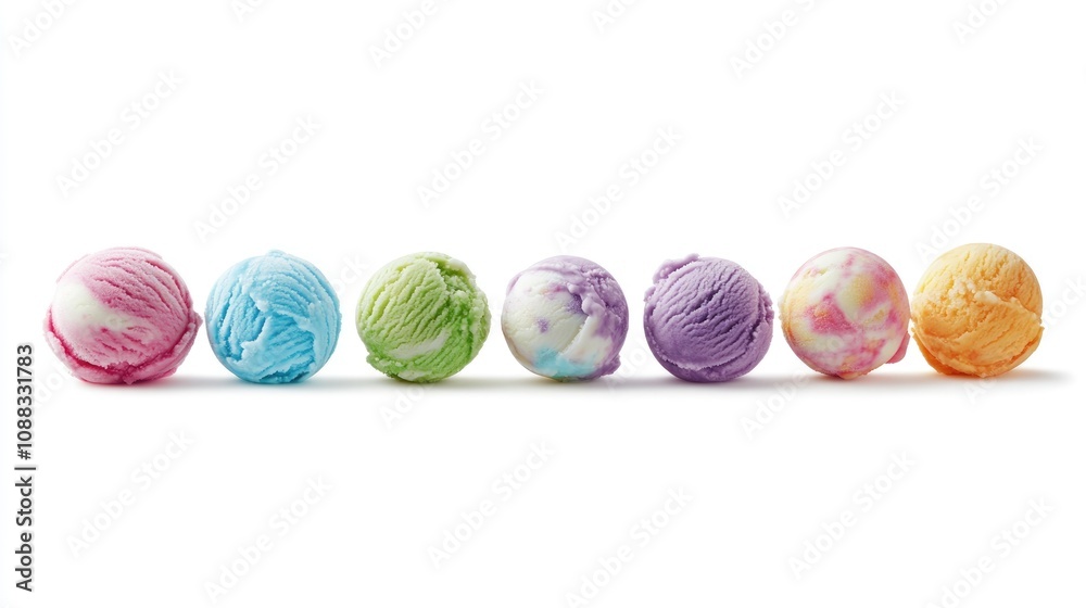 Vibrant assortment of ice cream scoops featuring pink, blue, green, purple, and orange flavors neatly lined up against a clean white background, showcasing their delightful textures. Vibrant assortment of ice cream scoops featuring pink, blue, green, purple, and orange flavors neatly lined up against a clean white background, showcasing their delightful textures.