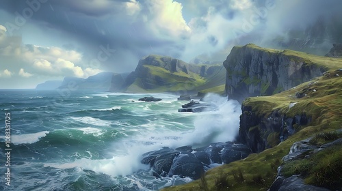 A rugged coastline with crashing waves and rocky cliffs, under a stormy sky.