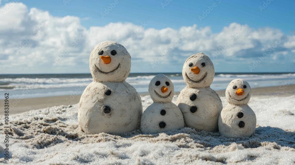 A cheerful family of sand snowmen with smiling faces and orange noses on a sunny beach with gentle waves and a bright blue sky in the background. A cheerful family of sand snowmen with smiling faces and orange noses on a sunny beach with gentle waves and a bright blue sky in the background.