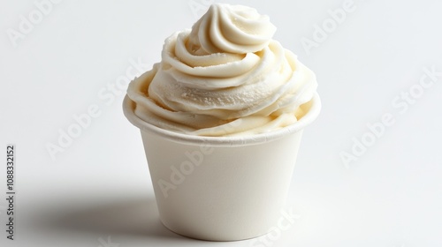 Creamy soft serve ice cream elegantly swirled in a white cup, set against a pristine white background showcasing its smooth texture.