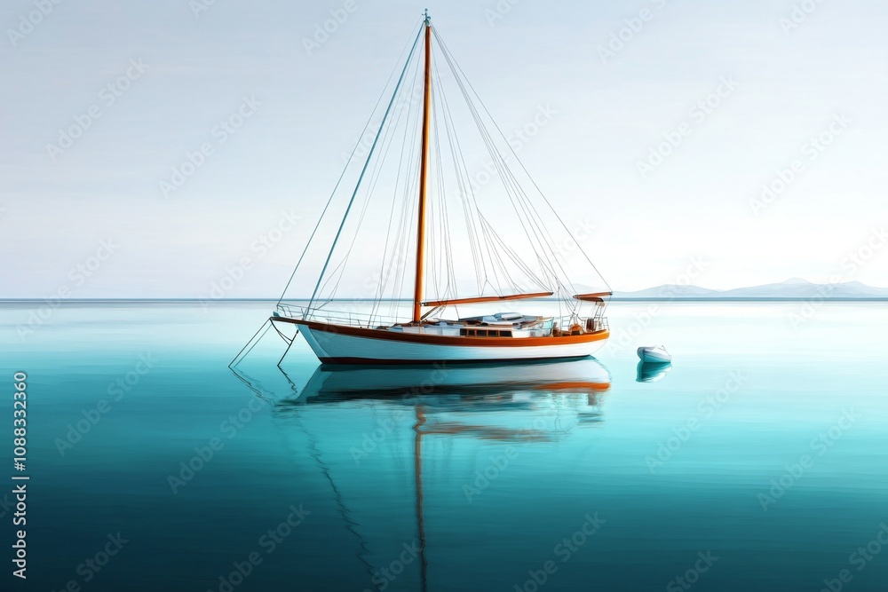 Simple line drawing of a yacht anchored in the sea, in soft pastel colors on a white background Simple line drawing of a yacht anchored in the sea, in soft pastel colors on a white background