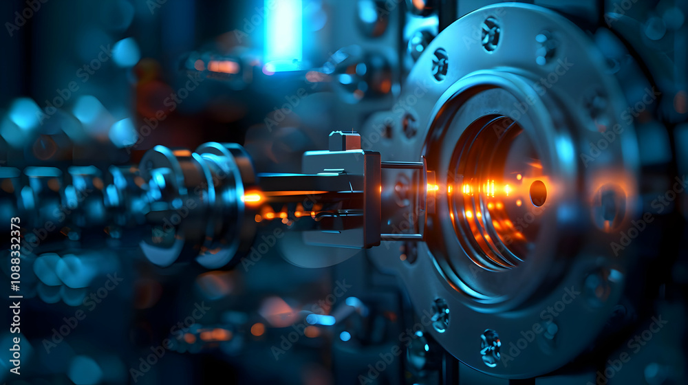 3D Render of Advanced Industrial Machinery with Glowing Orange Light Beam, Futuristic Technology Concept 3D Render of Advanced Industrial Machinery with Glowing Orange Light Beam, Futuristic Technology Concept