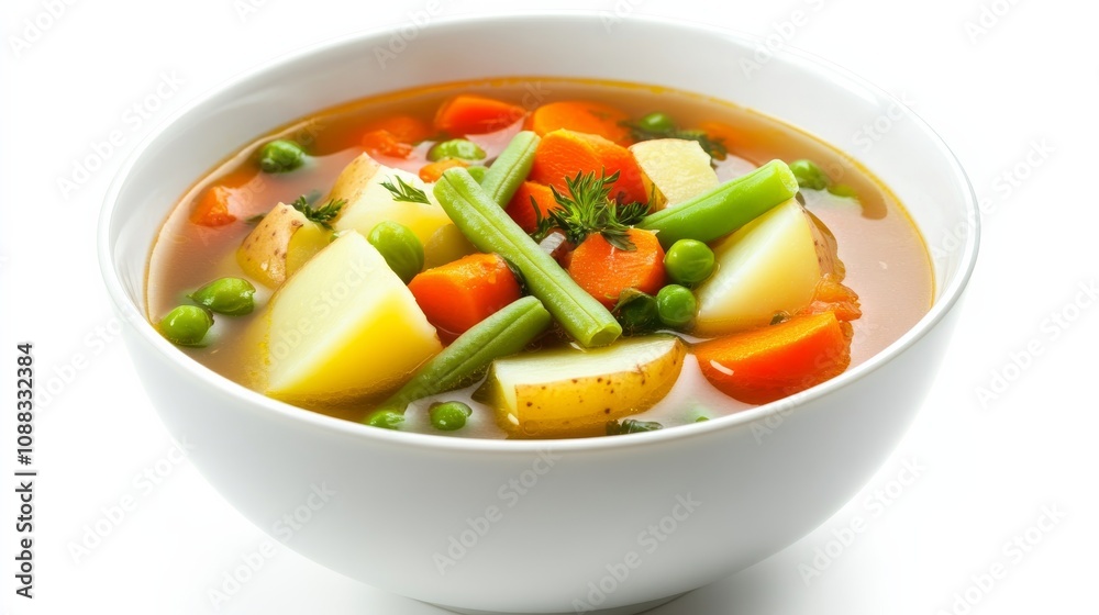 A bowl of hearty vegetable soup with carrots, celery, potatoes A bowl of hearty vegetable soup with carrots, celery, potatoes