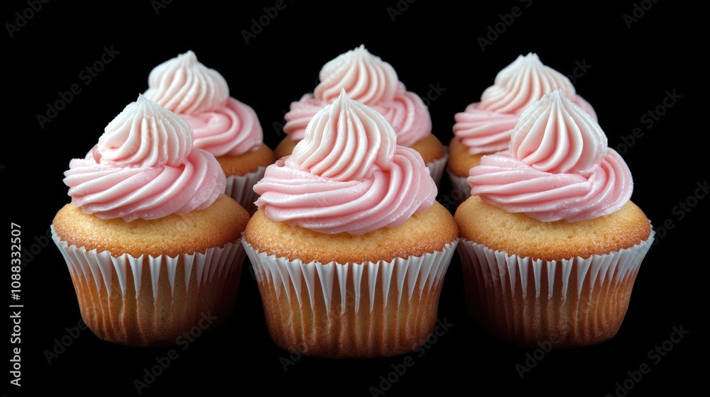 Delicious cupcakes topped with swirled pink cream icing, perfectly arranged for a festive celebration on a sleek black background. Delicious cupcakes topped with swirled pink cream icing, perfectly arranged for a festive celebration on a sleek black background.